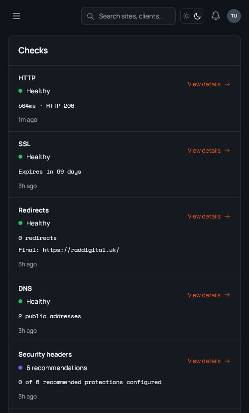 RAD Pulse checks showing website health information